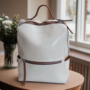 Bostanten Ivory Leather Backpack with Brown Trim